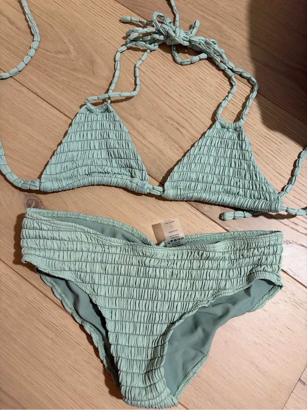 Montce Smocked Triangle Bikini Set in Mint Green-top size m/bottoms size large